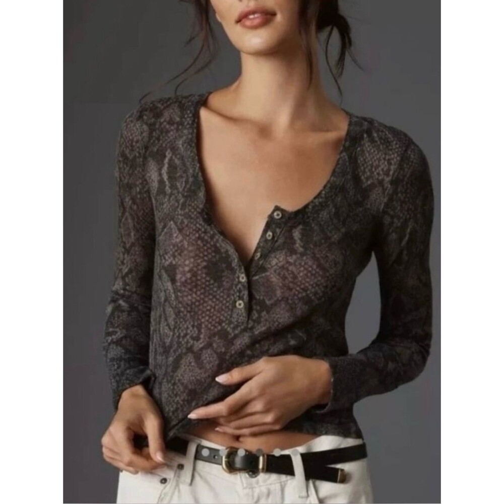 NWT Anthropologie Pilcro Slim Ribbed Henley Top Black Snakeskin Print Medium